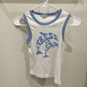 Urban Outfitters “Stress Less” Dolphin Tank, White & Blue, Y2K Style